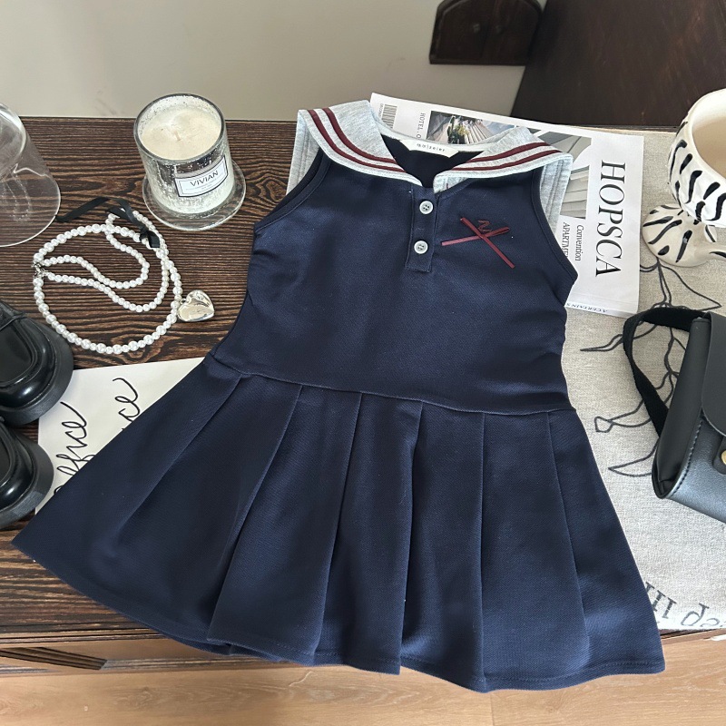 韩版童装2025新款夏季女童连衣裙女宝宝学院风蝴蝶结背心百褶裙子