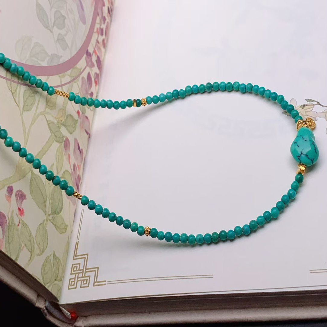 湖北十堰天然原矿绿松石精品高瓷玉化圆珠锁骨链圆珠2.8mm