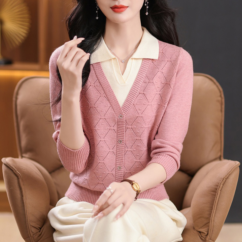 2025秋冬新款假两件针织衫上衣女洋气显瘦百搭厚款翻领宽松打底衫