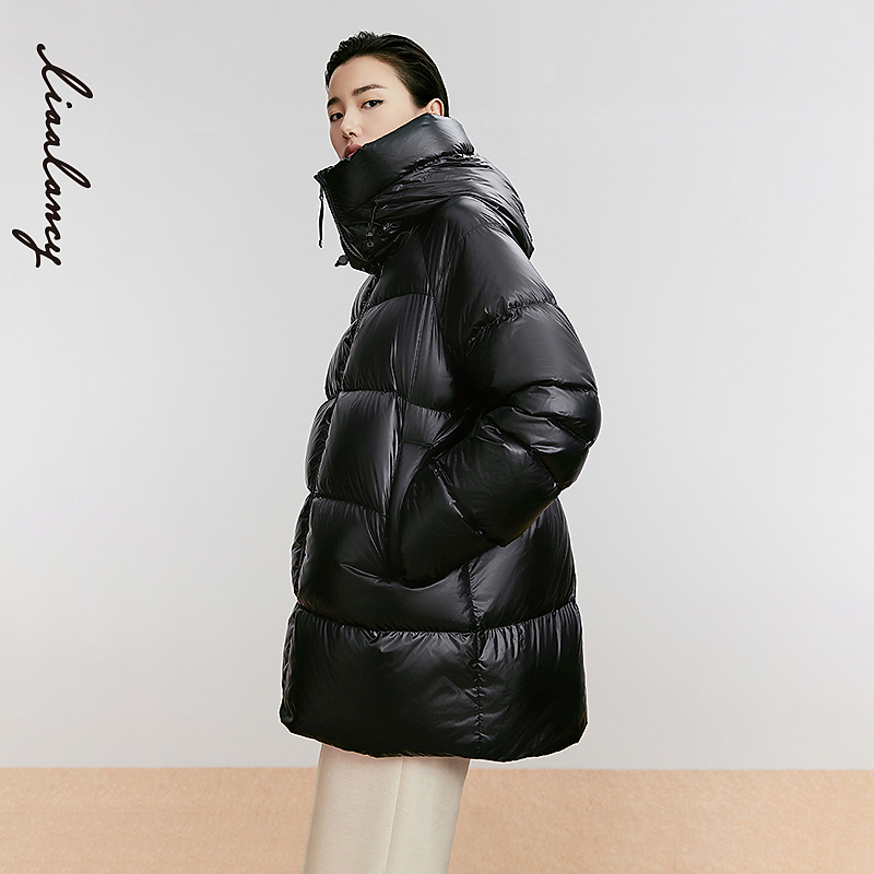 【专柜同款】90白鹅绒 高克重立领一手长短款亮面连帽加厚羽绒服女