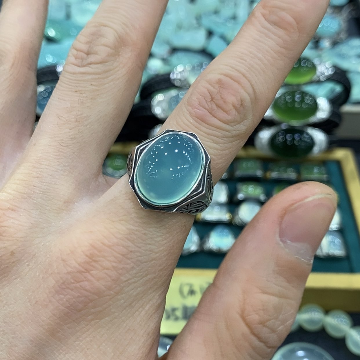 【闪购商品】银S925镶嵌蛇纹石玉戒指袁*