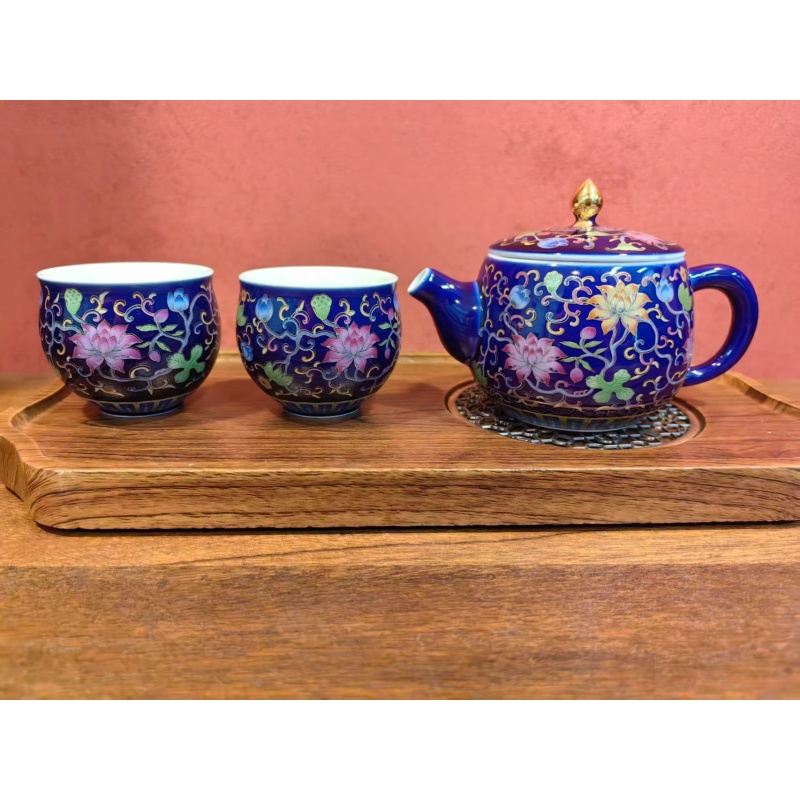 珐琅彩盖粒壶-霁蓝+2杯+开窗干泡盘-1837