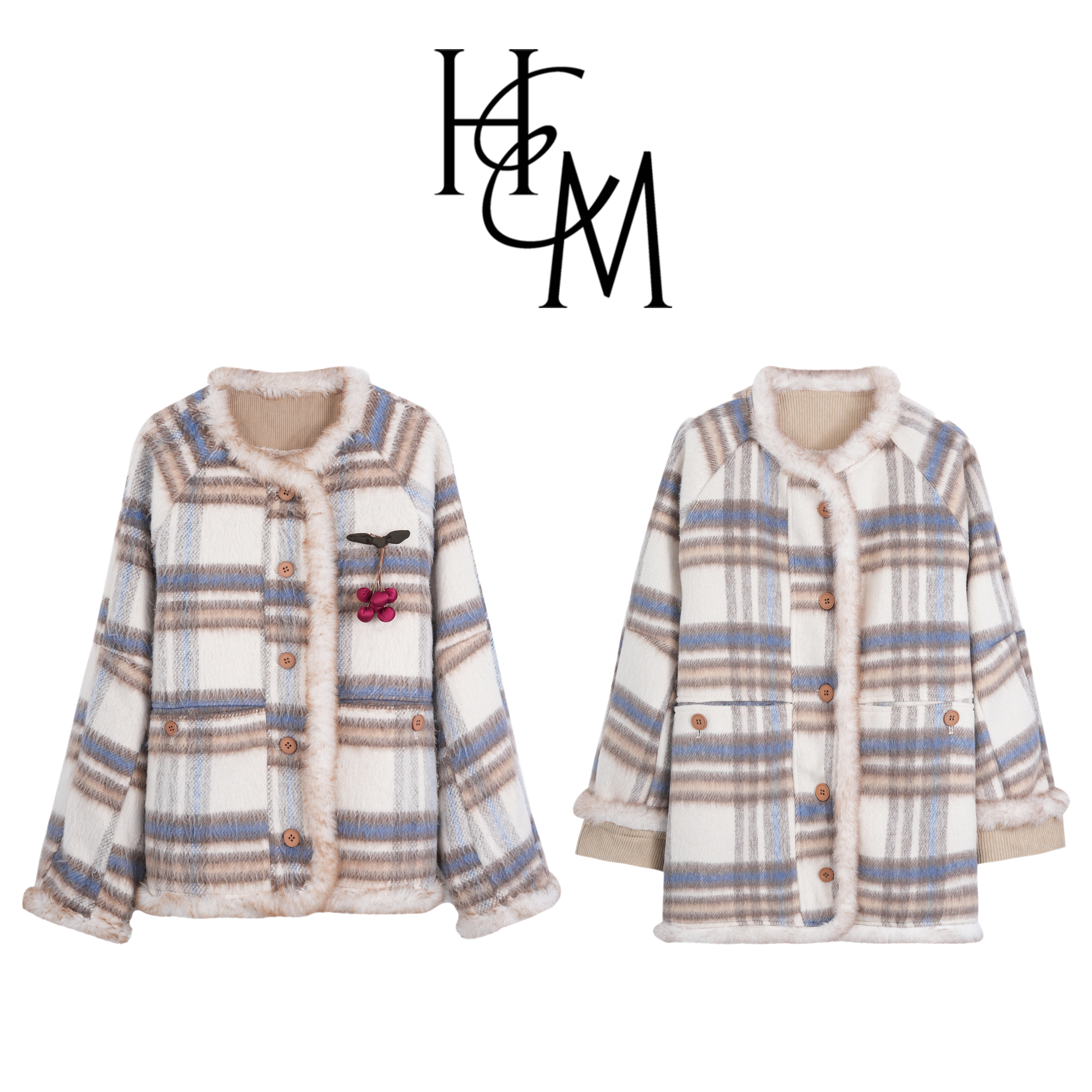 HUIERMAN/慧尔曼时尚冬季复古美拉德加绒加厚外套+胸针【16194C款】