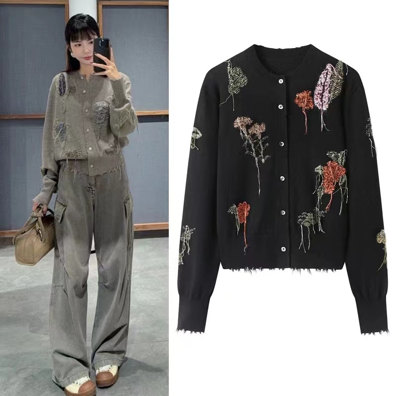 2025新款提花流苏休闲前后刺绣女羊毛开衫【8869】