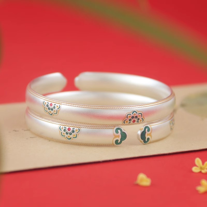 足银手镯 宝相花999纯银手镯女款实心珐琅彩如意古法镯子节日礼物