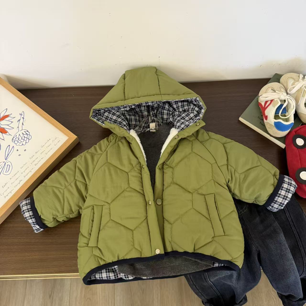 儿童秋冬拼格子连帽加棉加厚棉服H2588