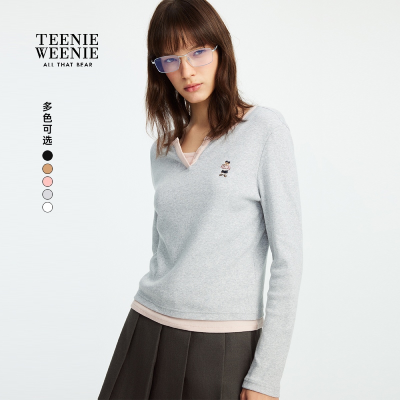 TeenieWeenie小熊女长袖T恤25假两件拼接亨利领上衣TTLA257808P