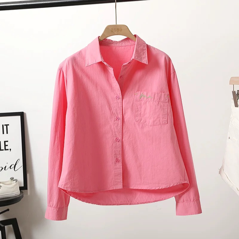 【纯棉有运险】刺绣小个子女装长袖衬衫女新款韩版短款时尚百搭上衣