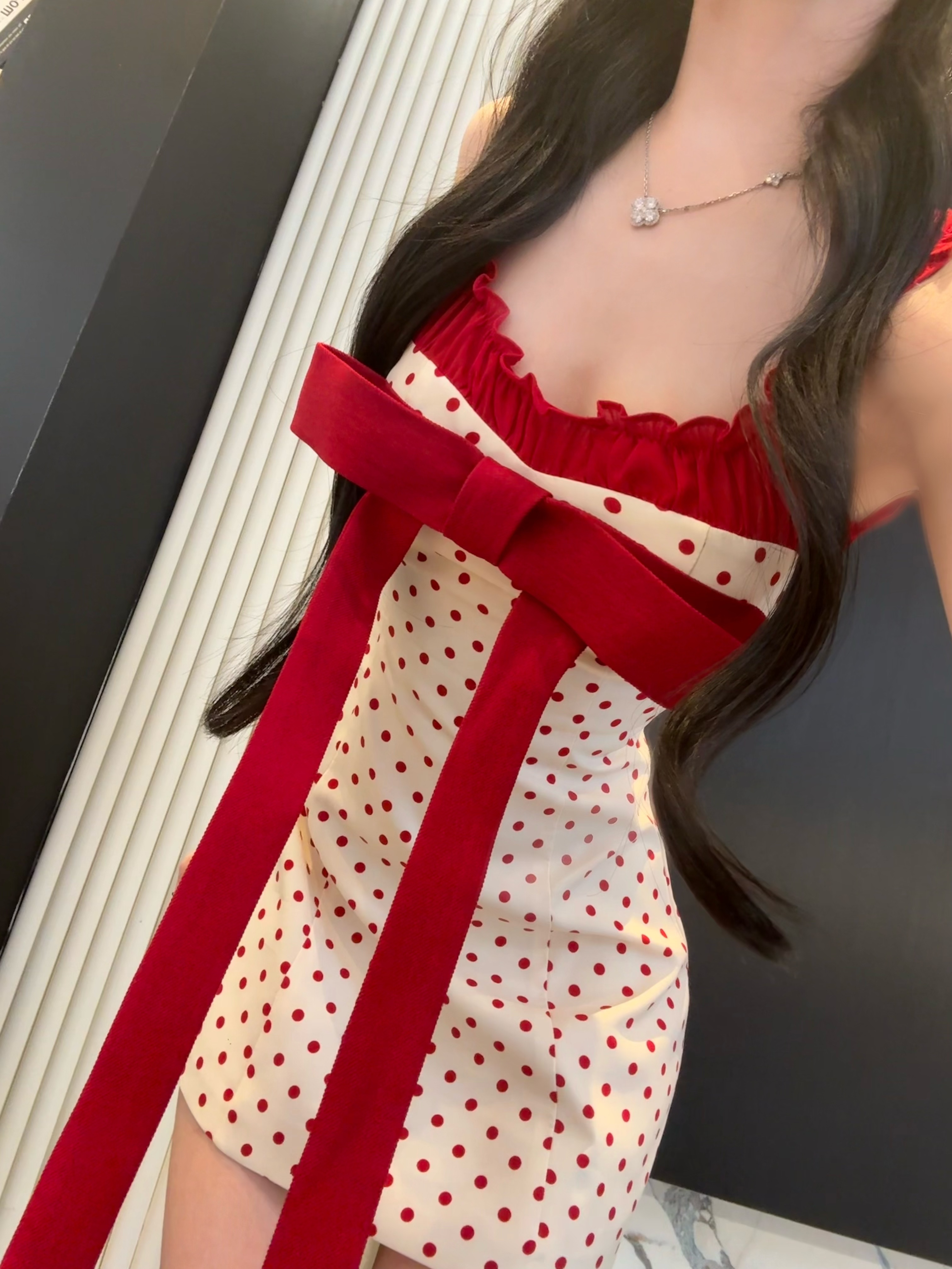 【樱桃甜心】新款法式波点蝴蝶结木耳边吊带裙红色甜系连衣裙