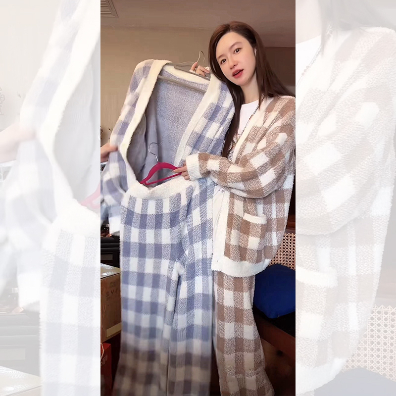 张大奕 高级格纹针织睡衣秋冬款保暖加厚家居服套装（整套同尺码）