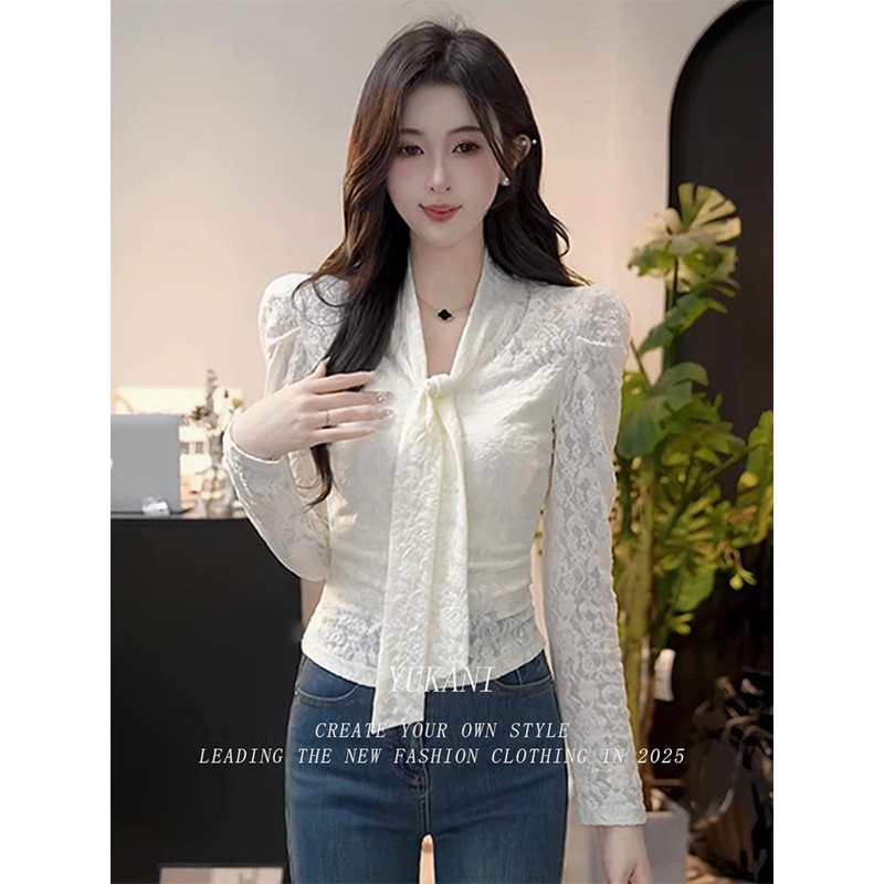 法式小香风白色打底蕾丝长袖T恤女高级感气质内搭绝美小上衣春秋