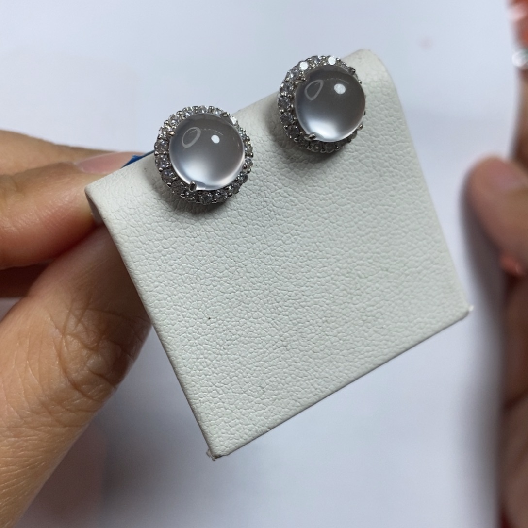 石英质玉耳钉银S925镶嵌