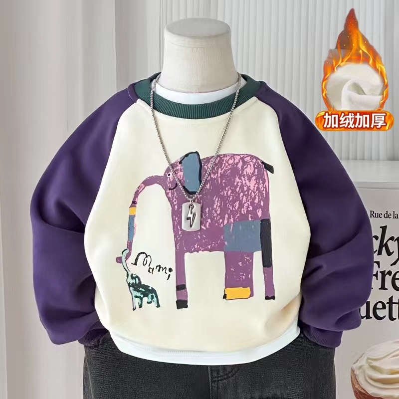 2025秋冬新款男童加绒卫衣儿童时尚撞色套头衫宝宝百搭圆领上衣潮