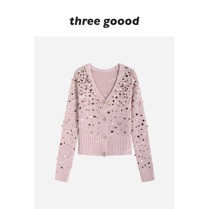 THREE GOOOD/三吉 粉纱碎金亮片缀饰V领针织小开衫外套Y725Z17109