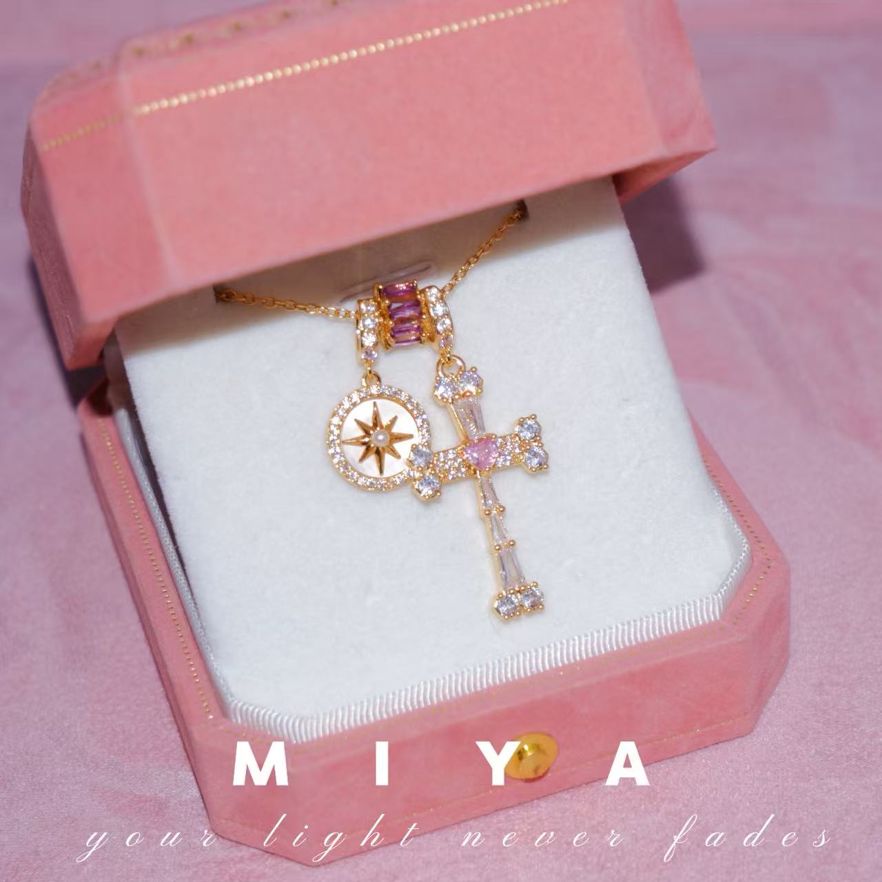不锈钢锆石项链 柏林少女~贝母紫色十字架欧美ins风少女美式项链