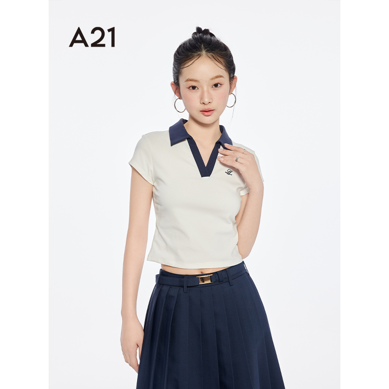 A21女装针织修身翻领套头短袖T恤F452231017