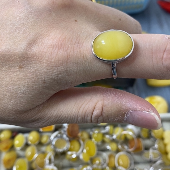 蜜蜡裸石银S925镶嵌戒指