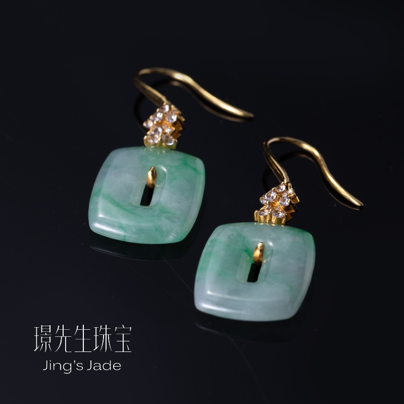 挂绿贰号|18k金缅甸翡翠冰飘花耳坠多样性发货*YDA00056*【YD】