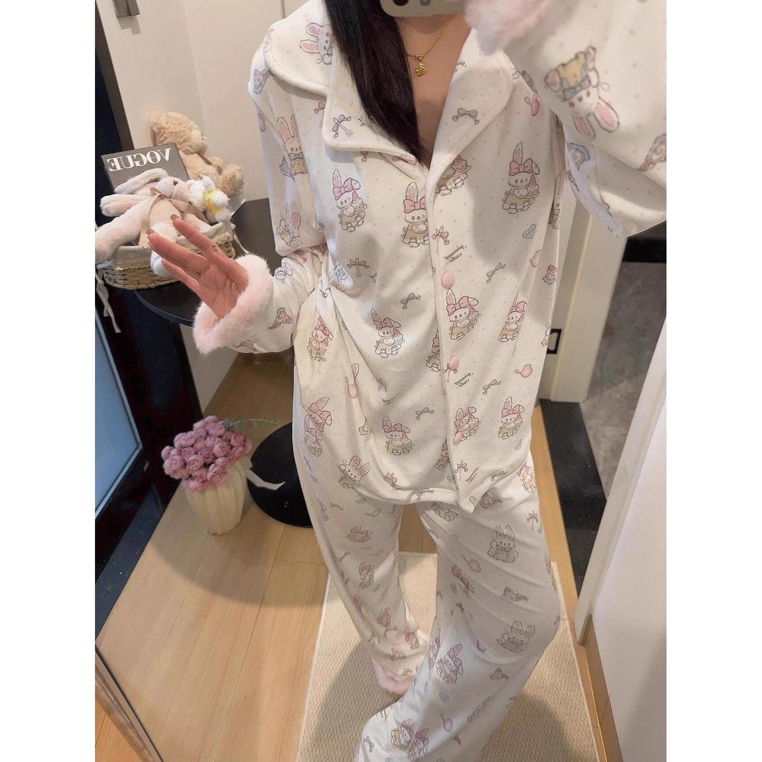 甜美可爱兔子印花德绒睡衣女秋冬拼接长袖保暖舒适家居休闲服套装