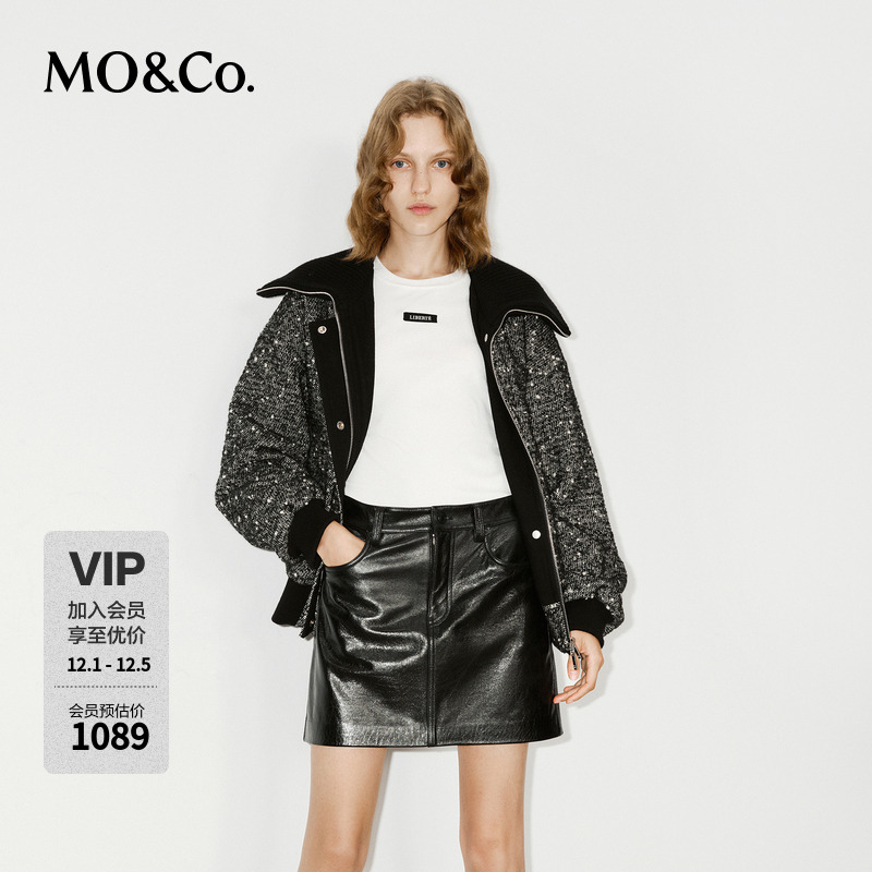 MOCO外套冬含绵羊毛翻领黑白粗花呢飞行夹克MBD4COTT01