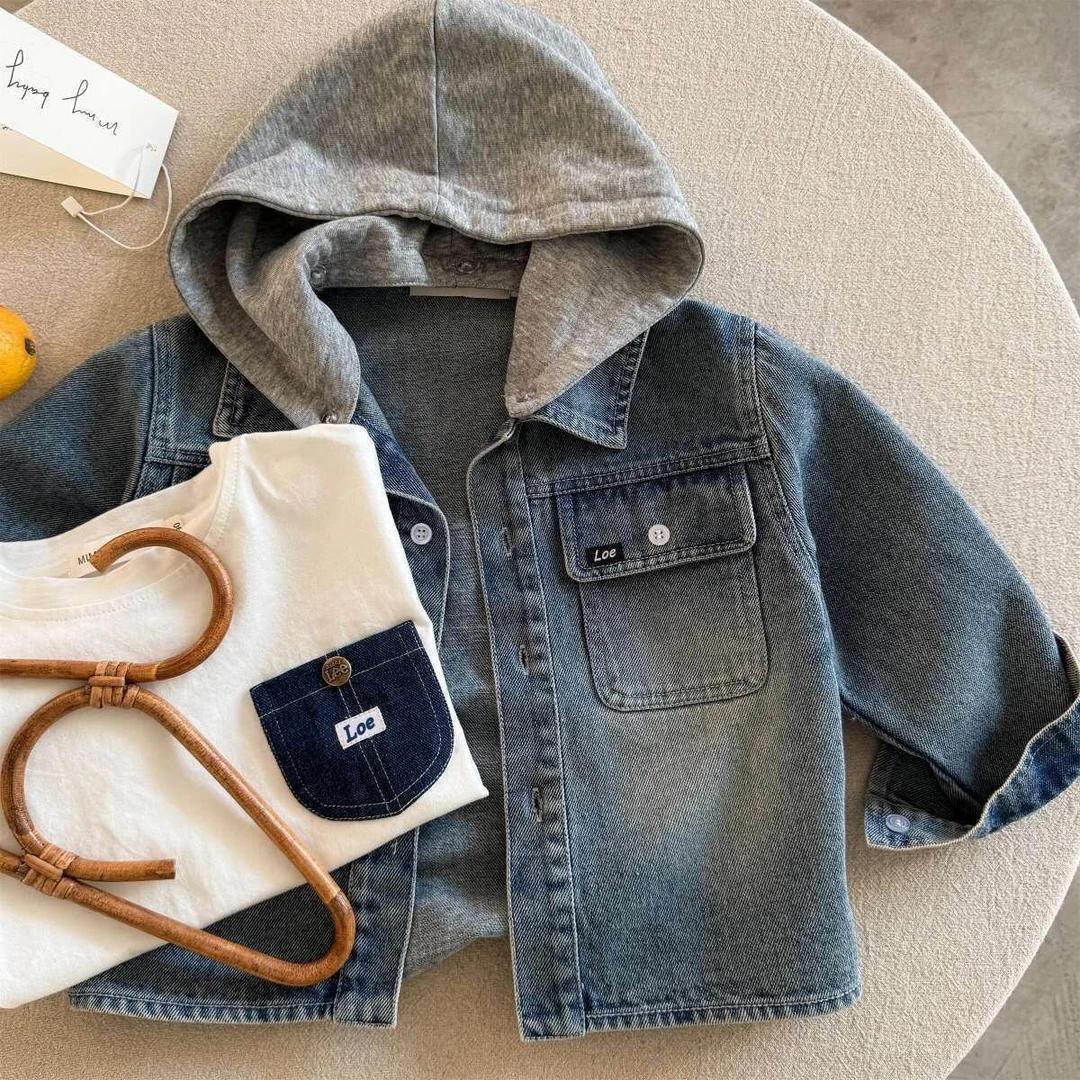 儿童春秋款牛仔外套春男童连帽帅气宝宝洋气夹克女童休闲宽松加绒