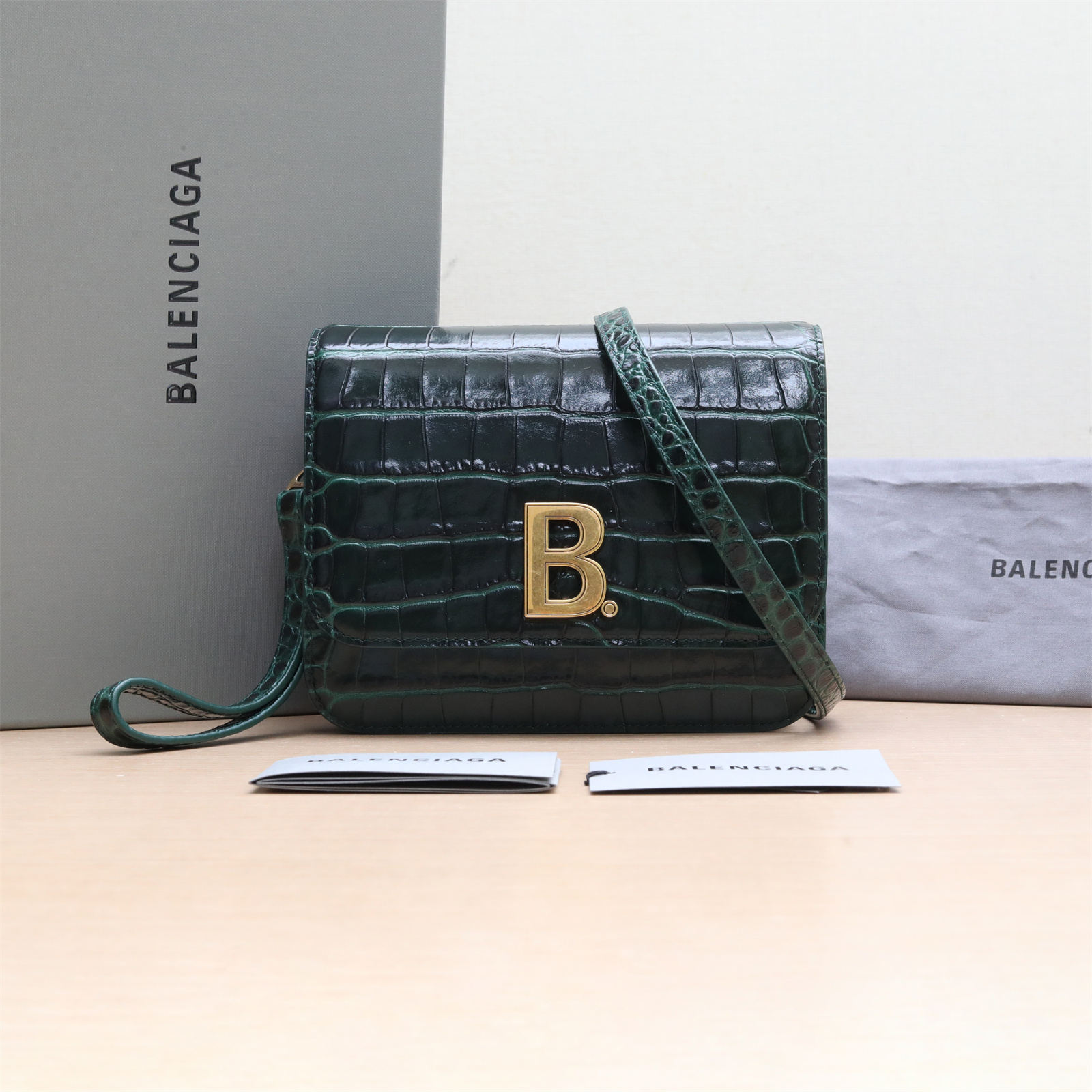 95新 Balenciaga/巴黎世家 【Zanna】豆腐包 鳄鱼压纹 绿色 皮革C