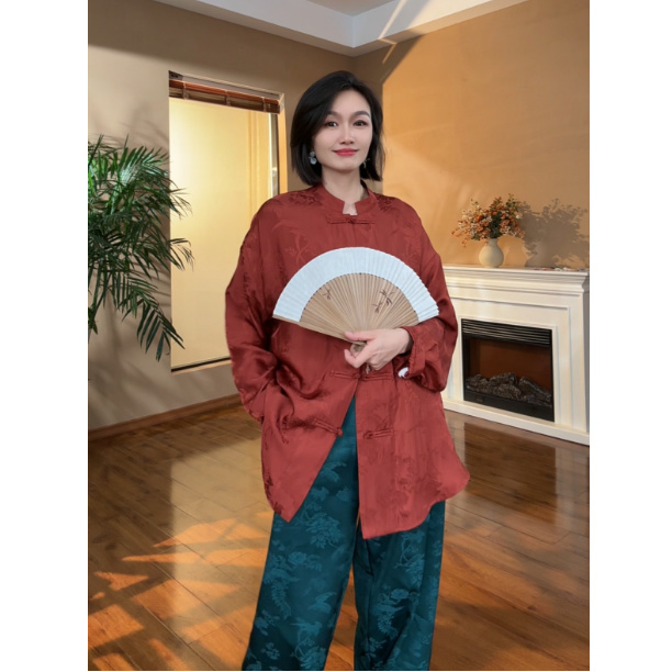 [大季原创]A693夏季新款宽松休闲长袖时尚缎面提花气质百搭衬衫