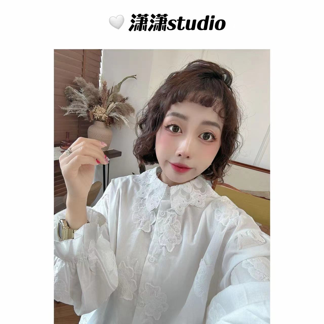 【玫瑰庄园】潇潇立体刺绣玫瑰花双层蕾丝领泡泡袖百搭衬衣XS2324