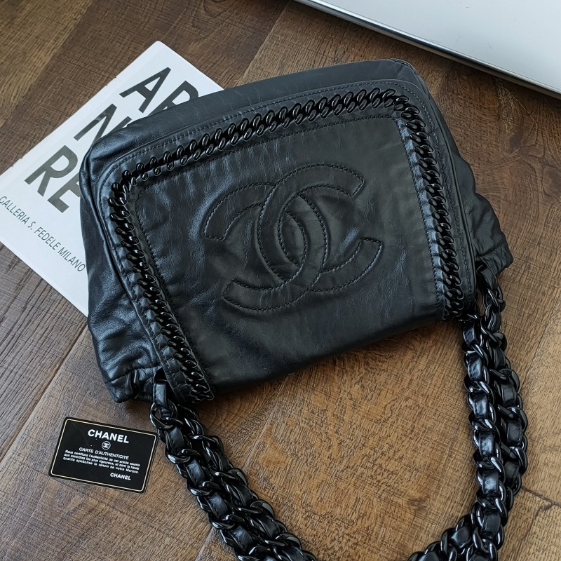95新 Chanel/香奈儿 黑色亚克力大logo翻盖机场包53048
