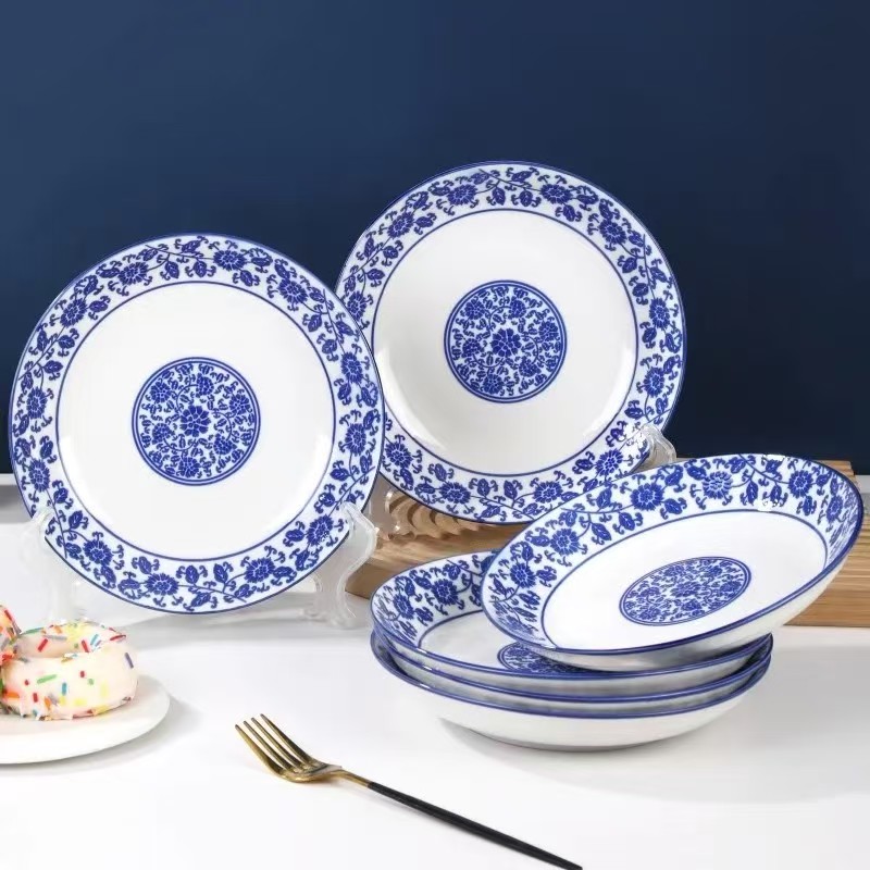 6只装8英寸青花瓷加厚大号圆形炒菜盘家用陶瓷饭店专用餐盘凉菜盘