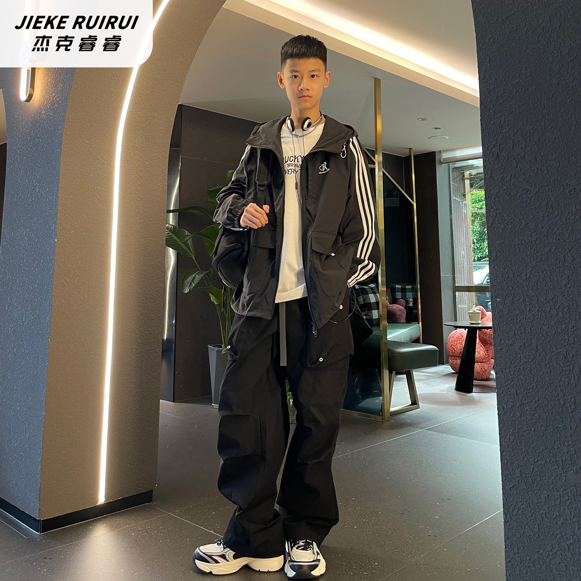 3610【睿】潮牌秋季新款青少年休闲杠条高街外套大童洋气宽松外套