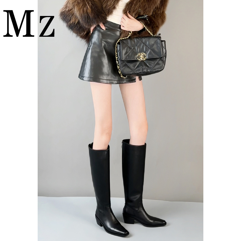 Mr.Zheng/6cm/方头粗跟后拉链高筒骑士靴秋冬新款百搭黑色长靴女