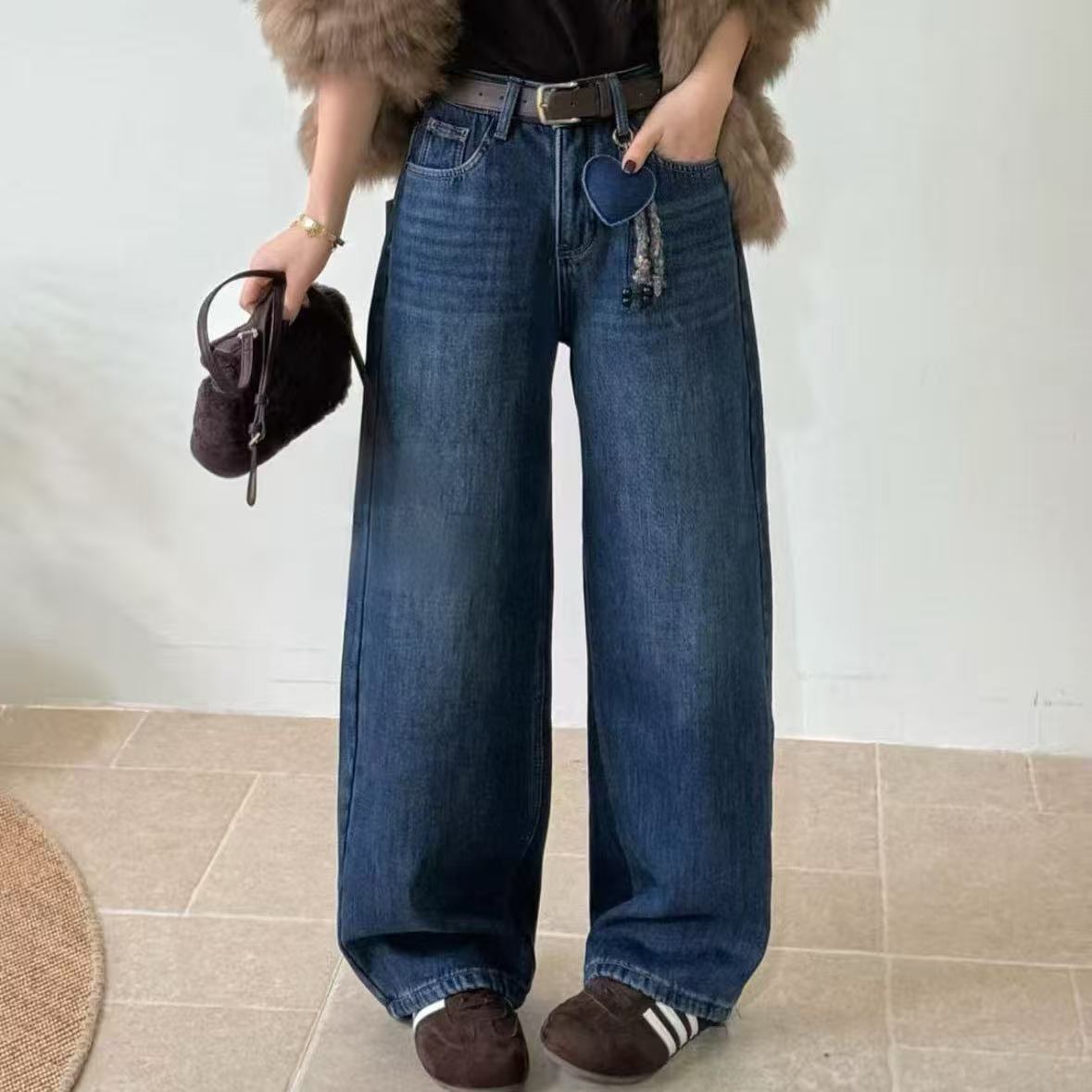 （7879深蓝色-牛仔裤)韩版休闲百搭高腰加绒牛仔裤103/104/105/106