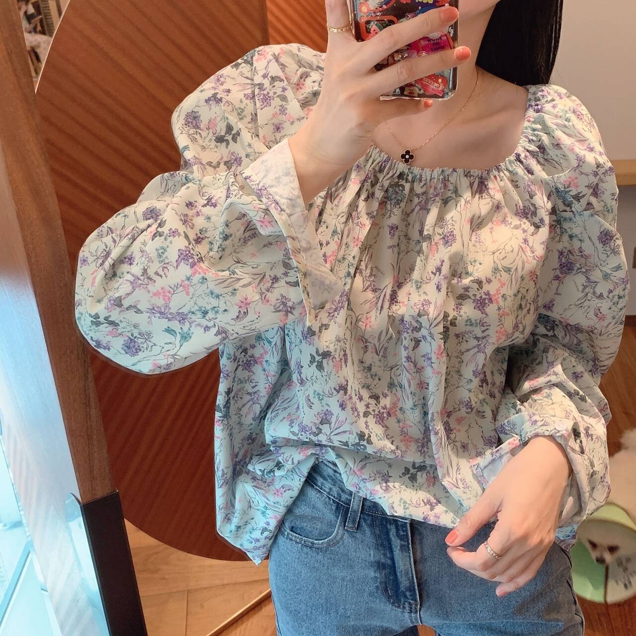 【张静芝】薄荷绿碎花方领一字肩衬衫