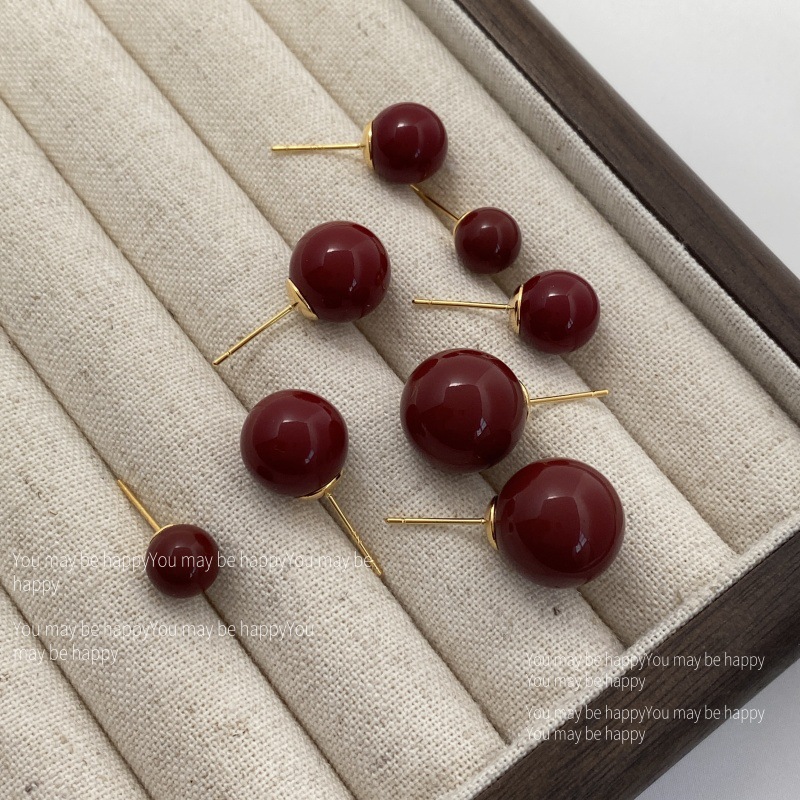 铜合金仿珍珠耳饰 红色耳环高级感小众港风安可拉红耳环车厘红