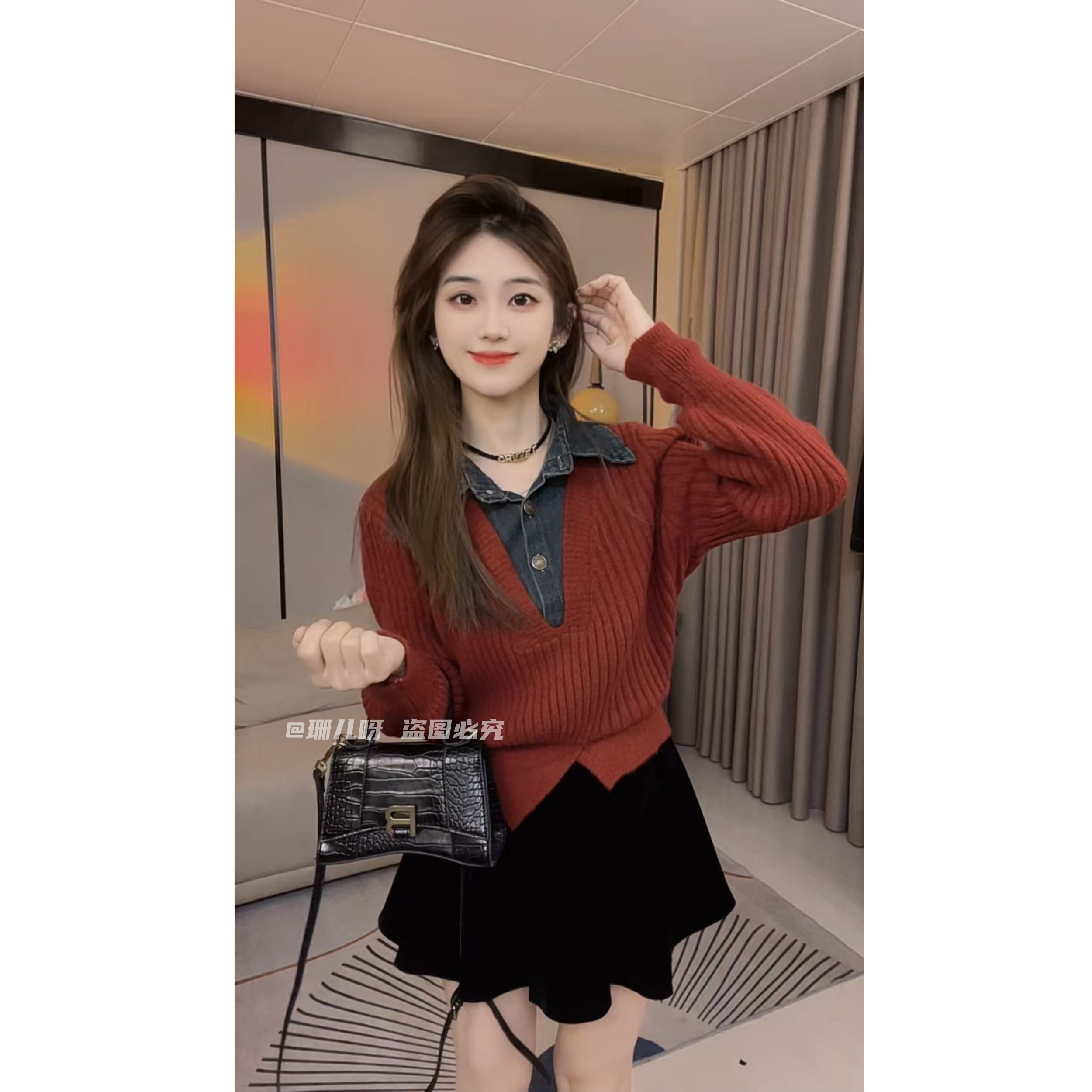 假两件拼接牛仔领毛衣外套女2025秋冬新款韩版宽松针织衫显瘦上衣