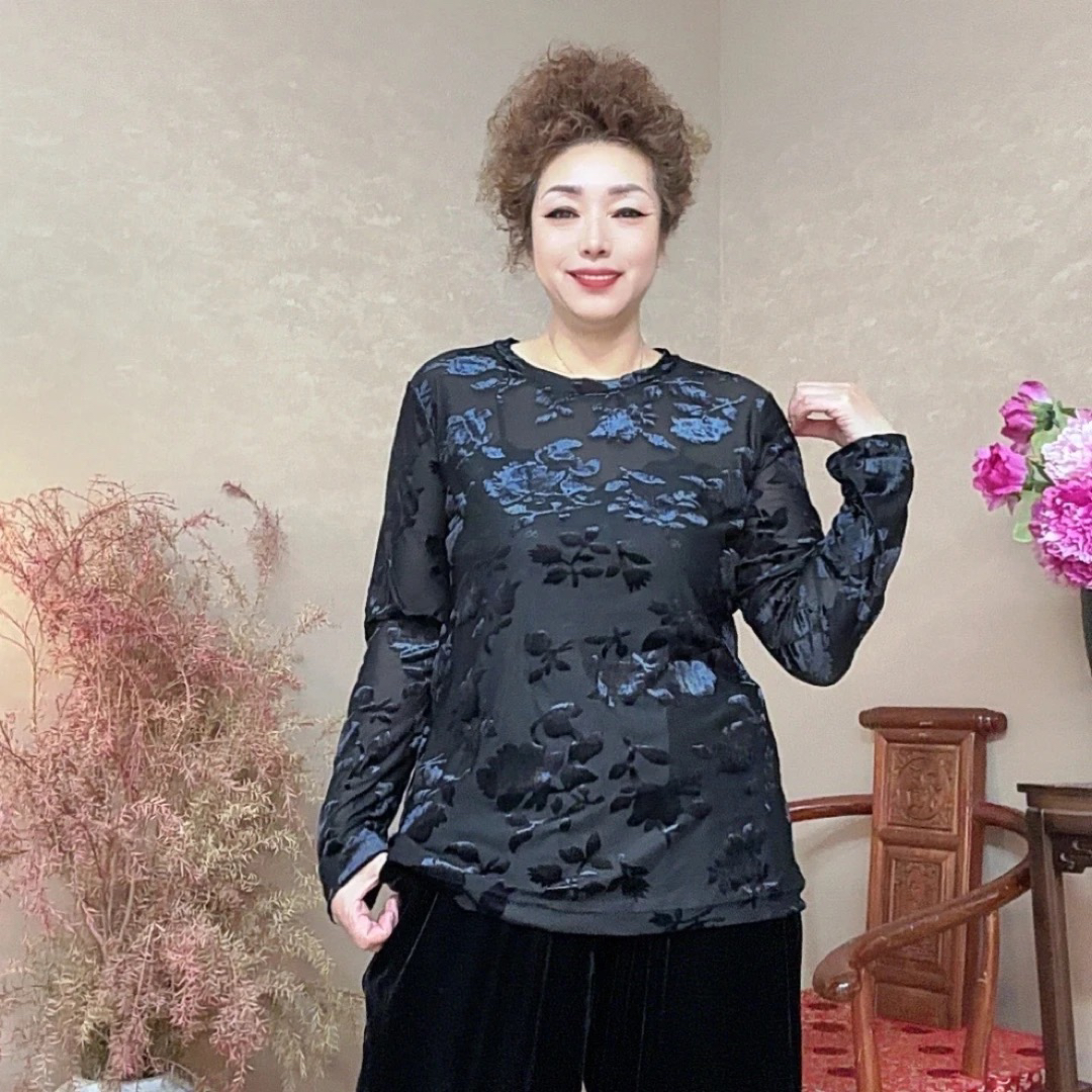 三姐家秋冬时尚高弹丝绒烧花百搭圆领上衣
