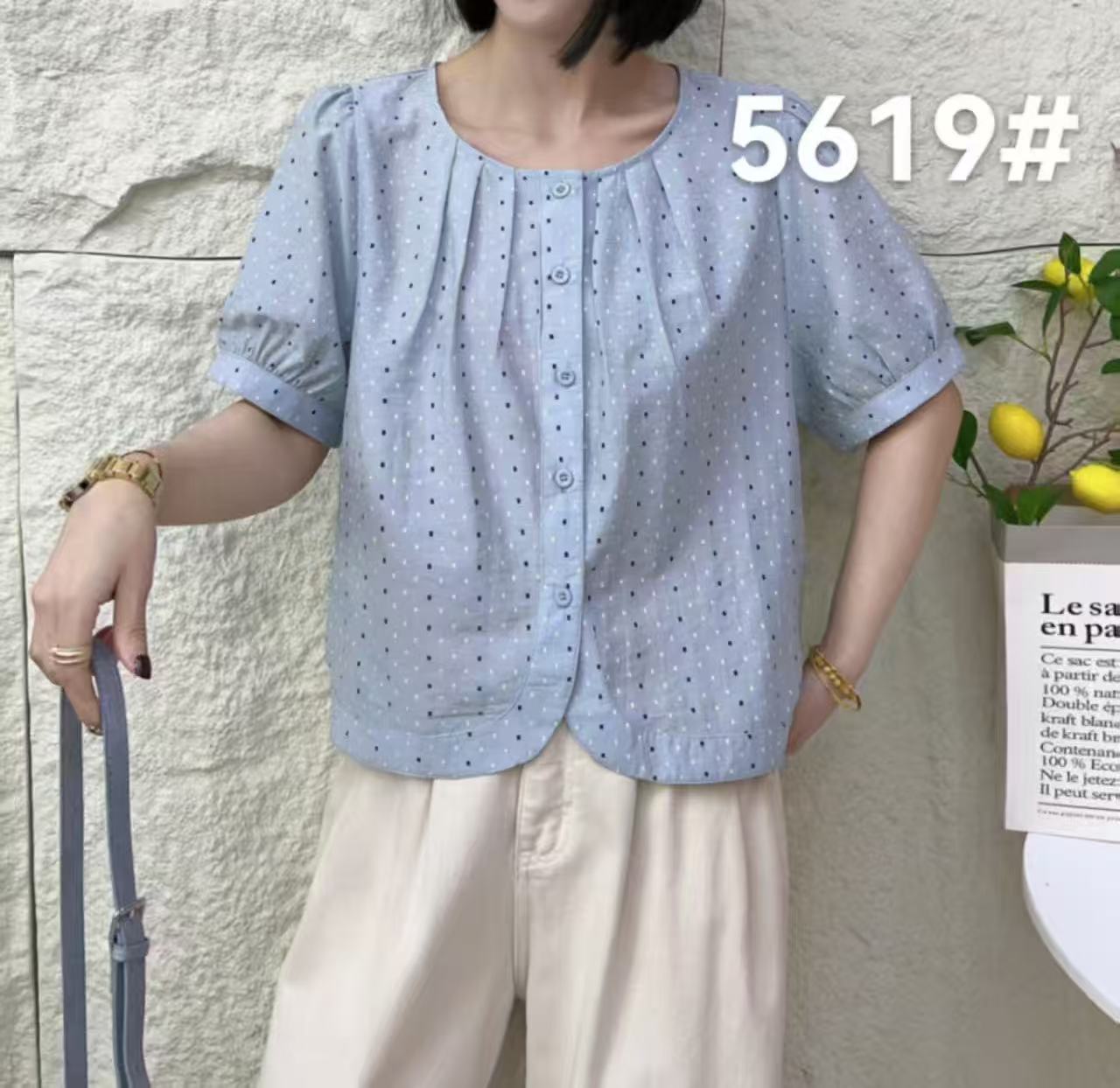 夏季甜美波点休闲百搭圆领短袖衬衫