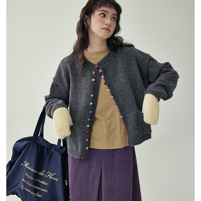 「北岛AMUU」复古文艺圆领单排彩色纽扣针织开衫宽松慵懒毛衣外套