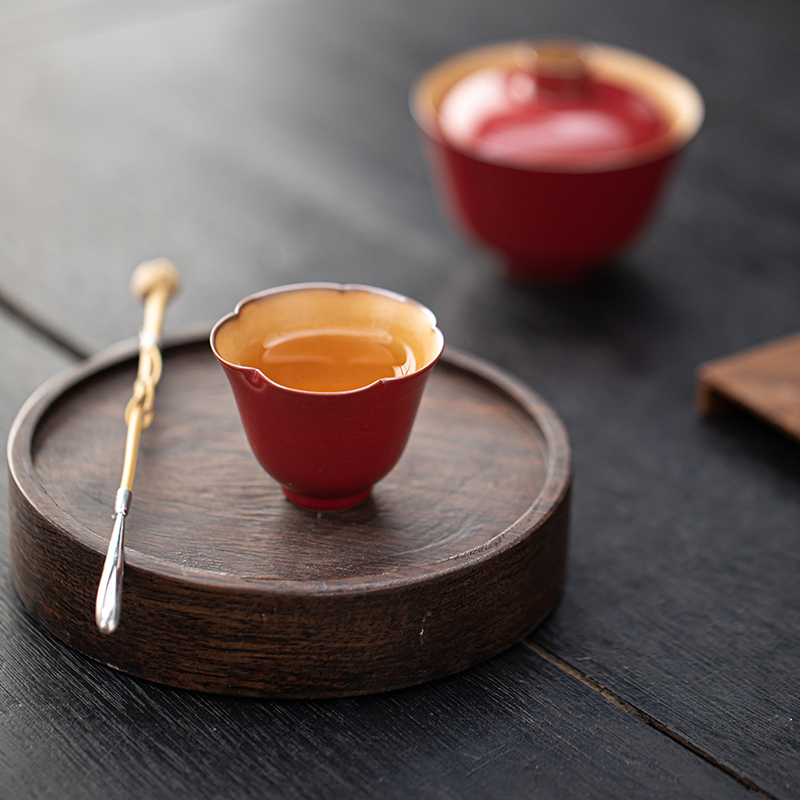 宫墙红花口杯矮款主人杯茶杯客人杯功夫茶具中式陶瓷杯子