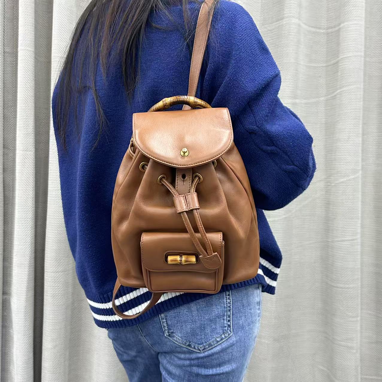 95新 GUCCI/古驰 棕色竹节柄mini双肩包/云海优选/H06586