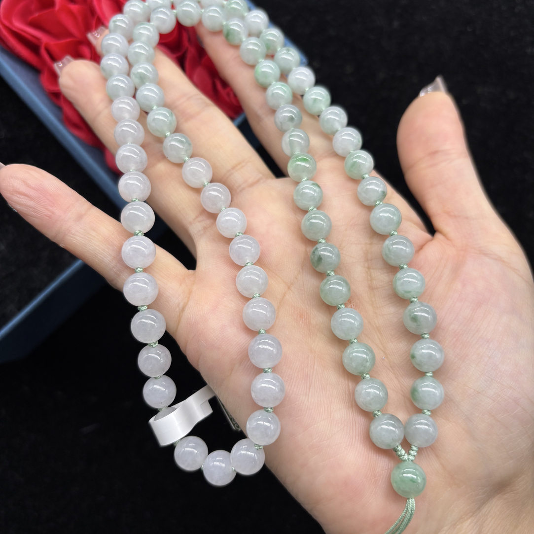 高档天然缅甸A货翡翠冰种飘花圆珠7mm玉石挂件绳项链毛衣链百搭款