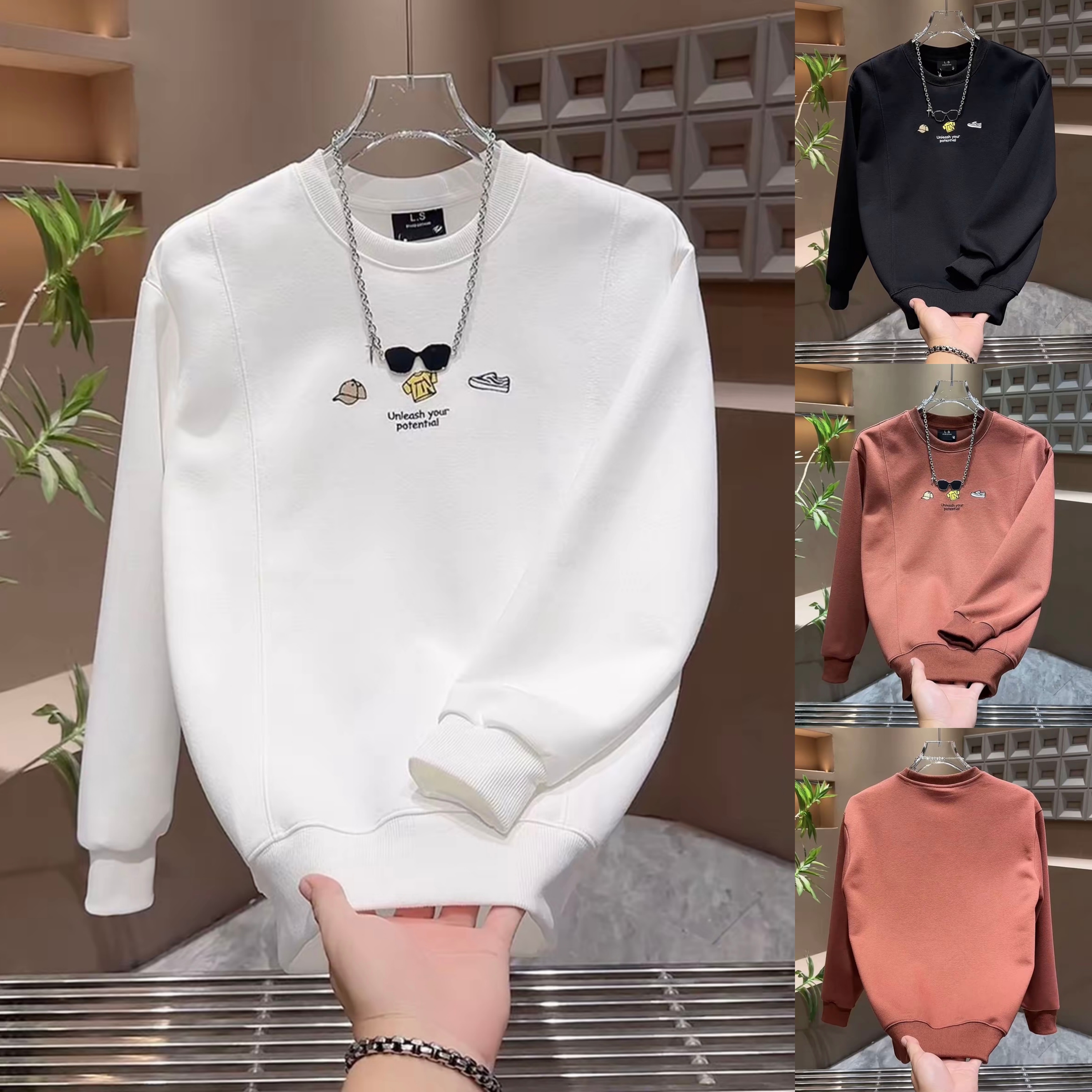 韩版圆领卫衣长袖时尚百搭春秋新款宽松潮流刺绣秋冬款男装上衣