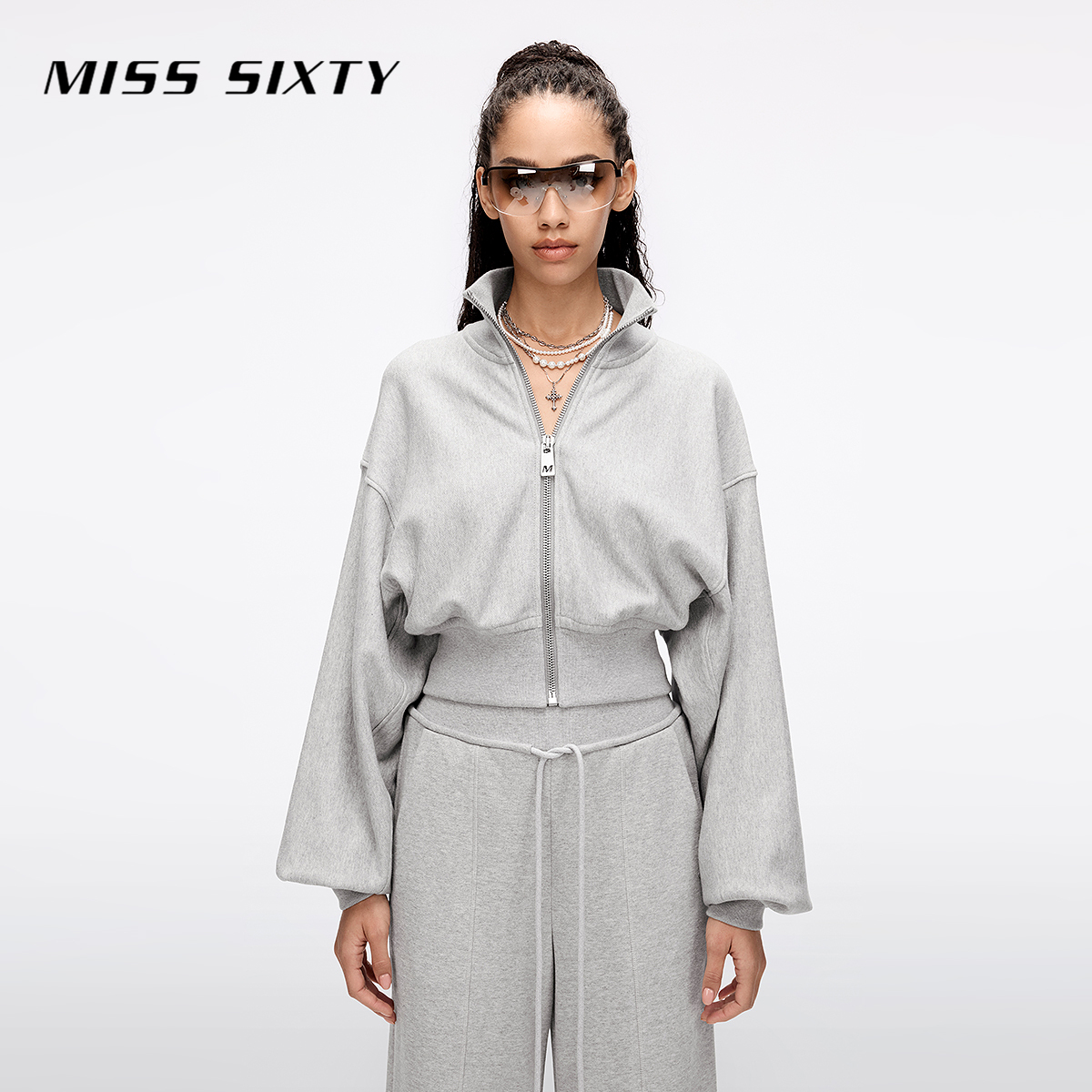 【商场同款新品】Miss Sixty2025春格雷灰卫衣女立领短款纯棉外套