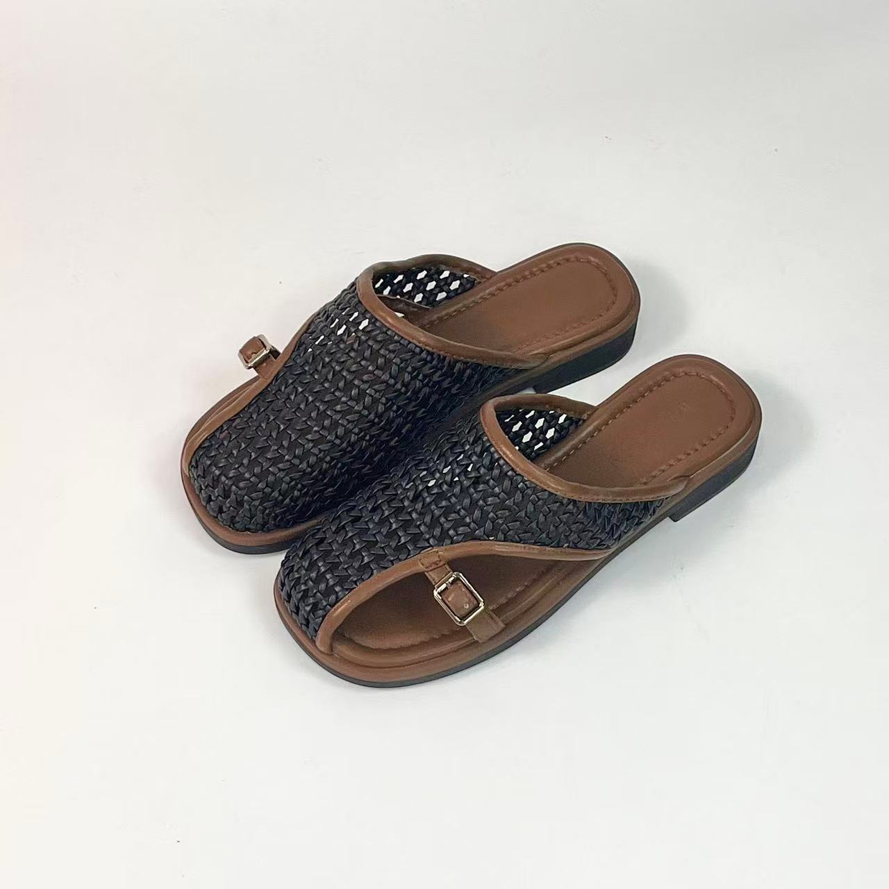 G CK 日常包头镂空平底方跟编织包头拖凉鞋鞋拖半拖舒适时尚 1006