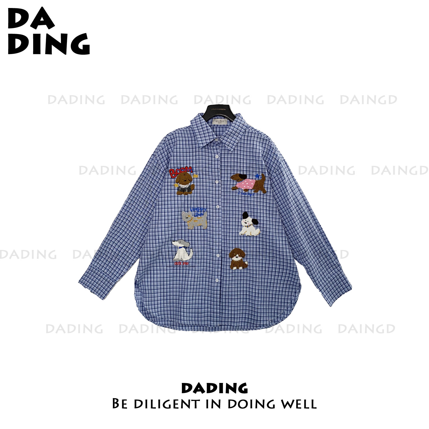 DADING【狗狗乐园】 2025春装新款宽松休闲卡通格子衬衫 井8221