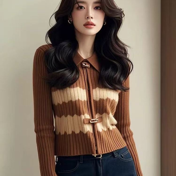 美拉德设计高级感复古棕色撞色针织开衫女内搭毛衣打底衫A754