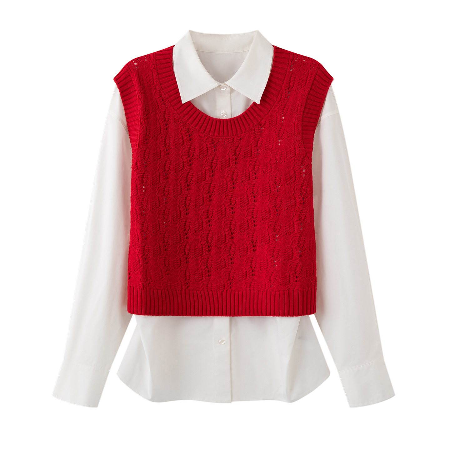 鸟家同款2026秋季新款减龄百搭红色宽松显瘦马甲针织衫两件套5516