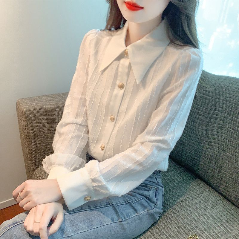 加绒加厚2023秋冬季新款翻领白色高级感衬衫女设计感百搭简约上衣