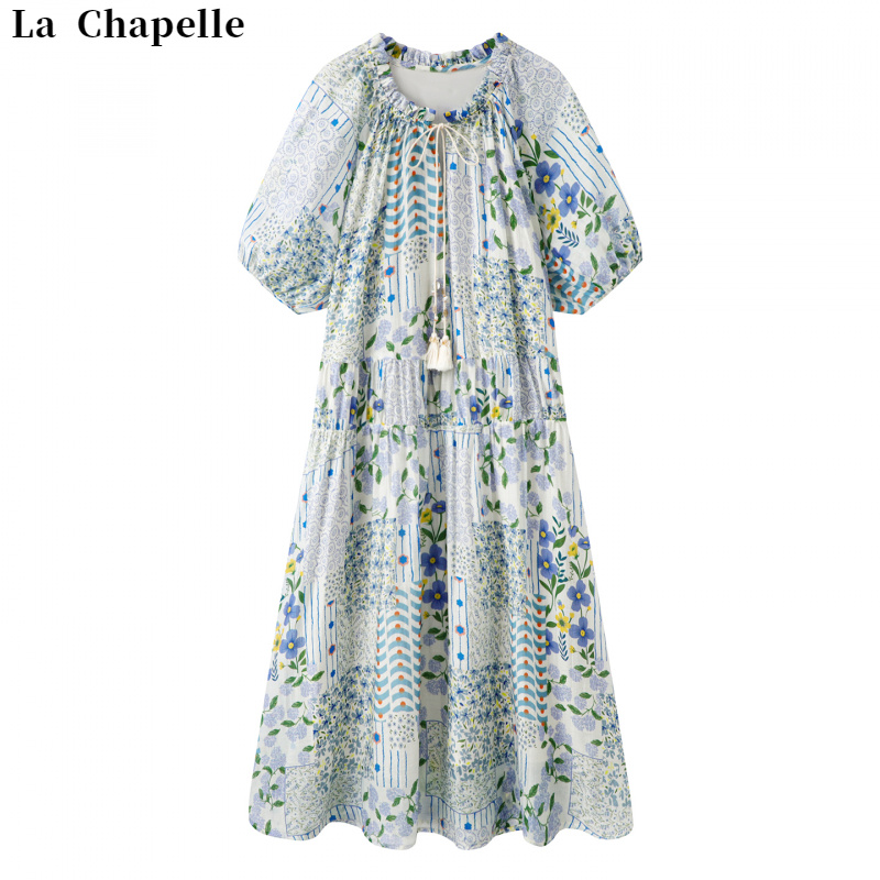 La Chapelle/拉夏贝尔高级感气质法式碎花连衣裙女夏季系带中长裙